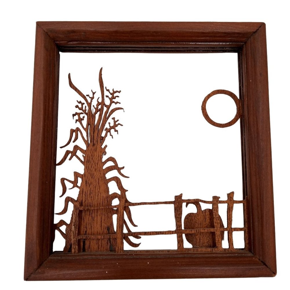 Harvest Moon Wood Art Sculpture Large Pumpkin Corn Stalks Marlow Woodcuts Vintag